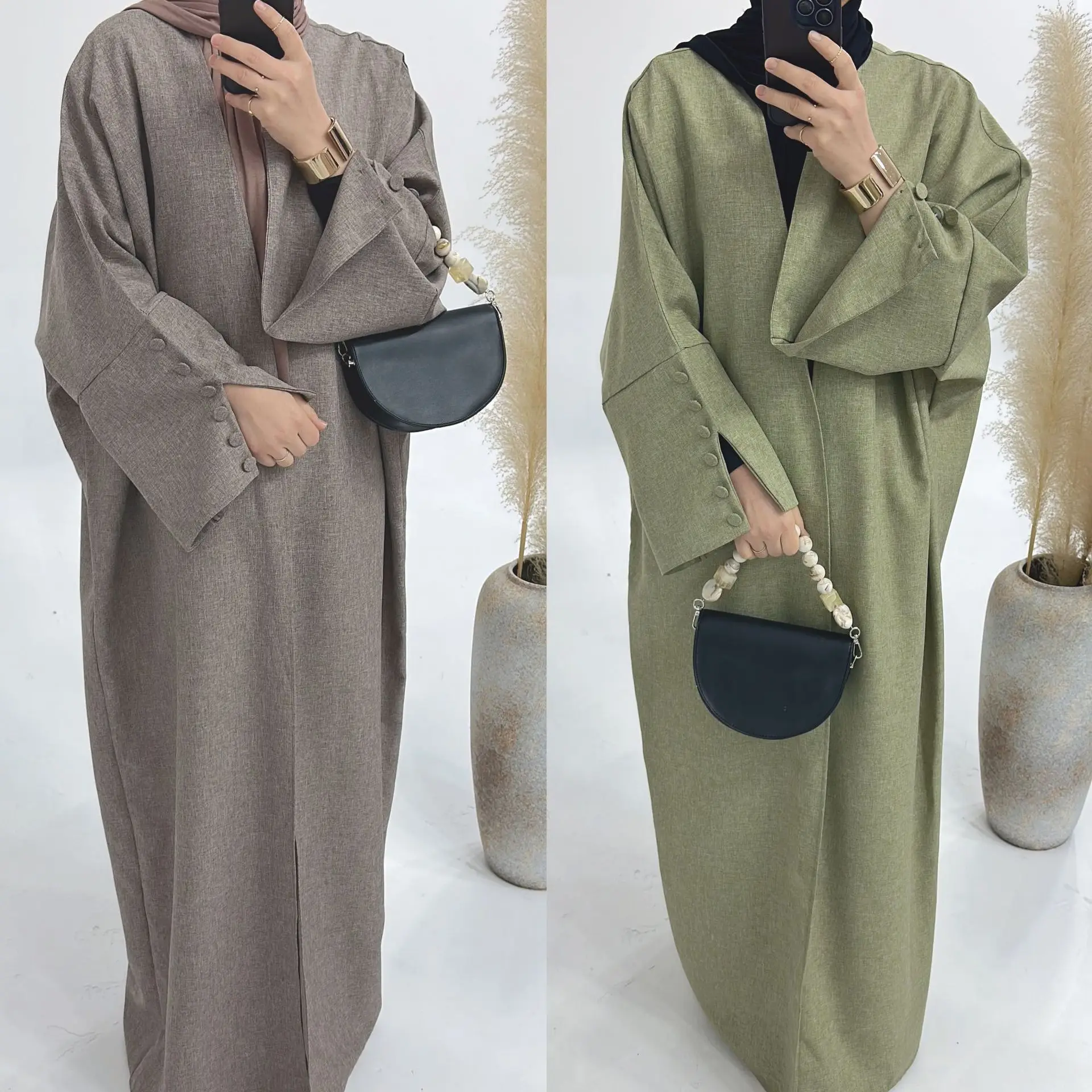 

Рамадан абайя для женщин с разрезом рукава с пуговицами халат Grace Дубай хлопок льняное кимоно Турция мусульманское пальто Исламская одежда