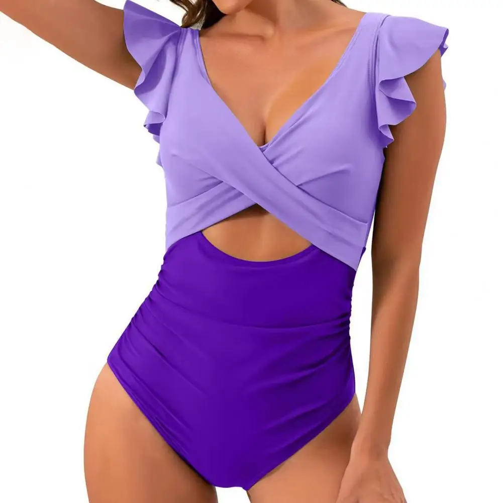 

Slim Fit Swimwear Stylish One-piece Swimsuits for Women V-neck Tummy Control High Waist Bathing Suit with Cutout Design V-neck