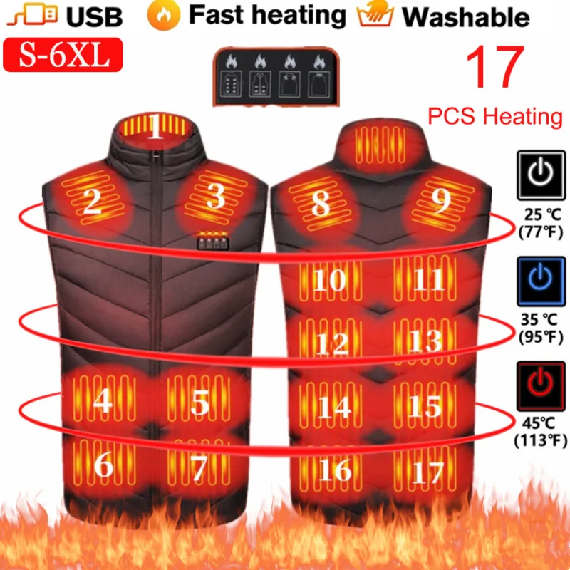 17ZoneUSBElectricHeatingVestMenWinterOutdoorBodywarmerHeatedVestThermalJacketWomen