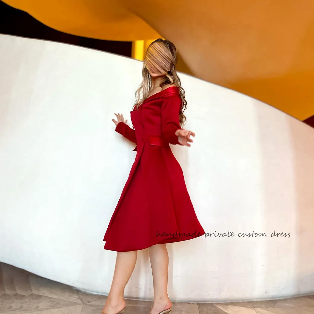 

Красные вечерние платья а-силуэта с открытыми плечами в стиле Саудовской Аравии, официальное платье Дубая с двумя пуговицами, платья длиной ниже колена для выпускного вечера