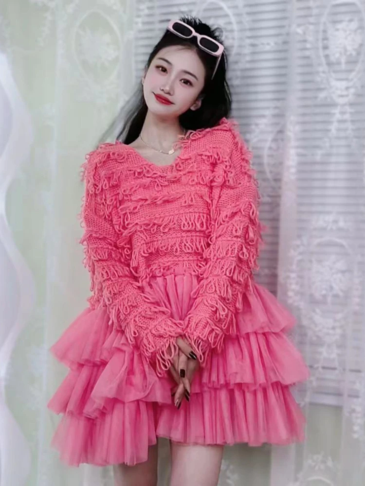 

Spring Midi Dress Women's18-34 Years Pink Long Sleeve Gauze Patchwork Knitted Dress For Women Birthday Party Evening Dress