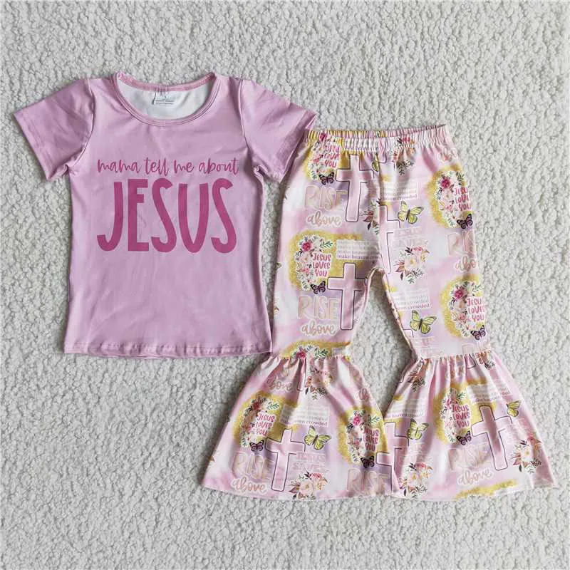 

New Summer popular Kids Girl hot sale pink letters print floral Flare Pants Wholesale fashion Design Boutique Outfit