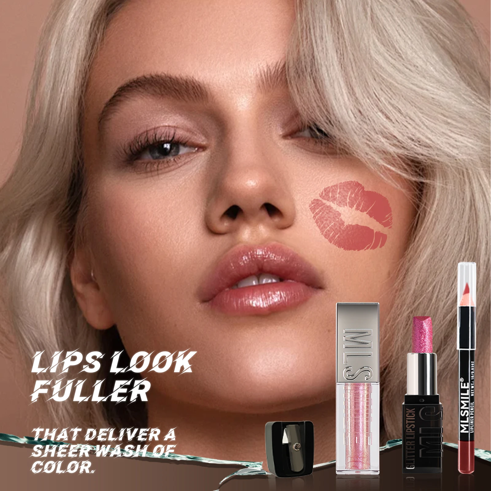 MLSMILE Multi-Combination Burst Lip Kit Fine Glitter Lipstick Lip Glaze + Liner Combo Free Roller Pencil