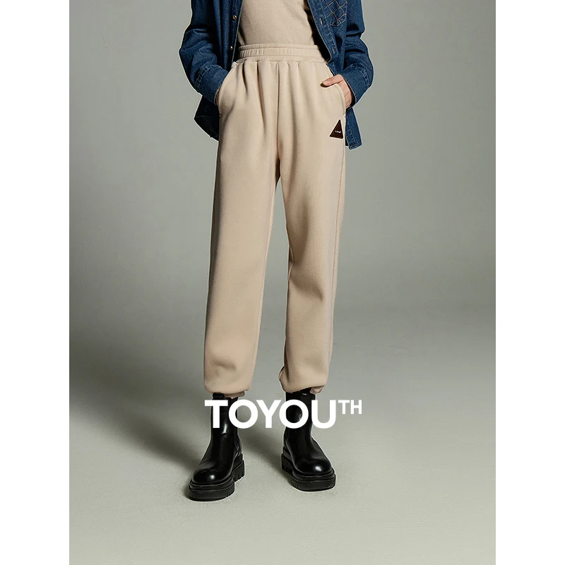 

Toyouth Women Plush Thicken Sweatpants 2023 Winter Elastic Waist Straight Loose Triangle Logo Leather Label Casual Pants
