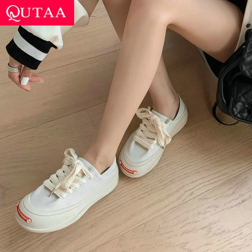 

QUTAA 2023 Spring Summer Women Sneakers Fashion Cross-Tied Med Heel Genuine Leather Causal Platforms Shoes Woman Size 35-40