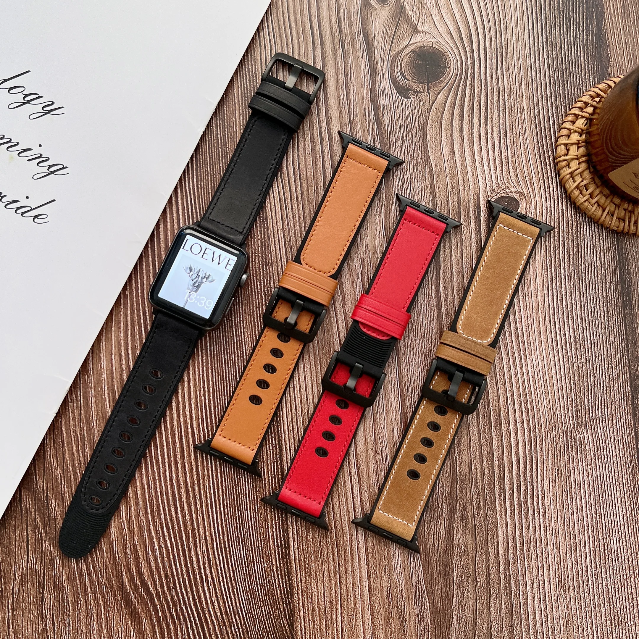 Silicone+Leather Strap For Apple watch band 49mm 45mm 41mm 44mm 40mm 42mm Fingerprint Style Bracelet iWatch Ultra 8 7 6 5 4 3 SE