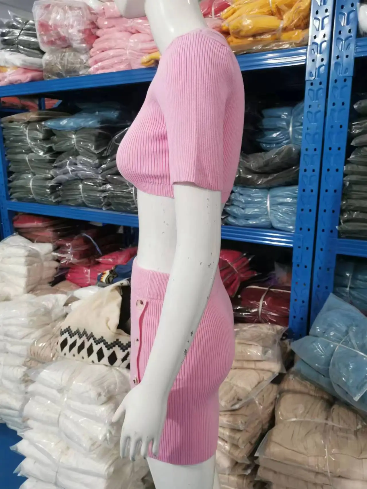 Pink Knitted Cropped Tank Top and High Elastic Short Skirt Set