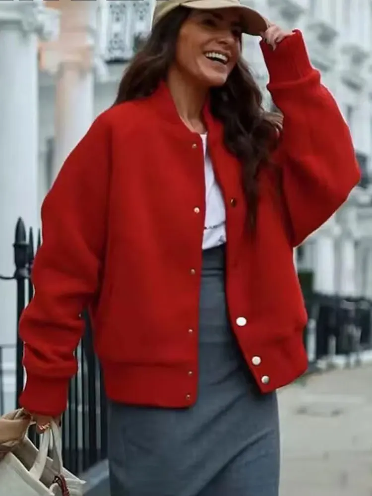 HH Women Red Coat Casual Single Breasted Long Sleeve Female Coats 2025 Fashion Loose O-Neck Office Lady Outwear