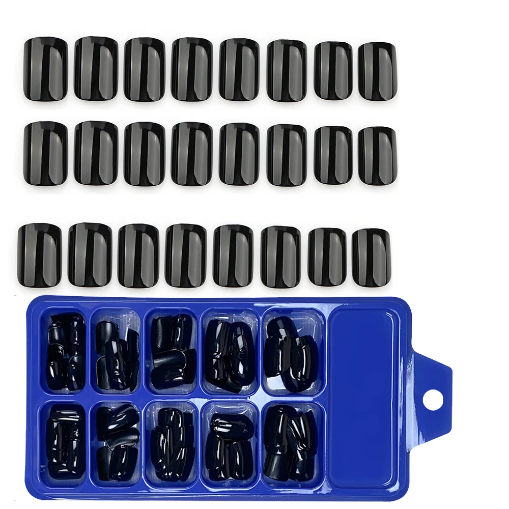 120개/박스 광택 블랙 짧은 사각형 인조 손톱 단색 블랙 아크릴 가짜 손톱 프레스온 네일 블랙 사각형 매니큐어 팁