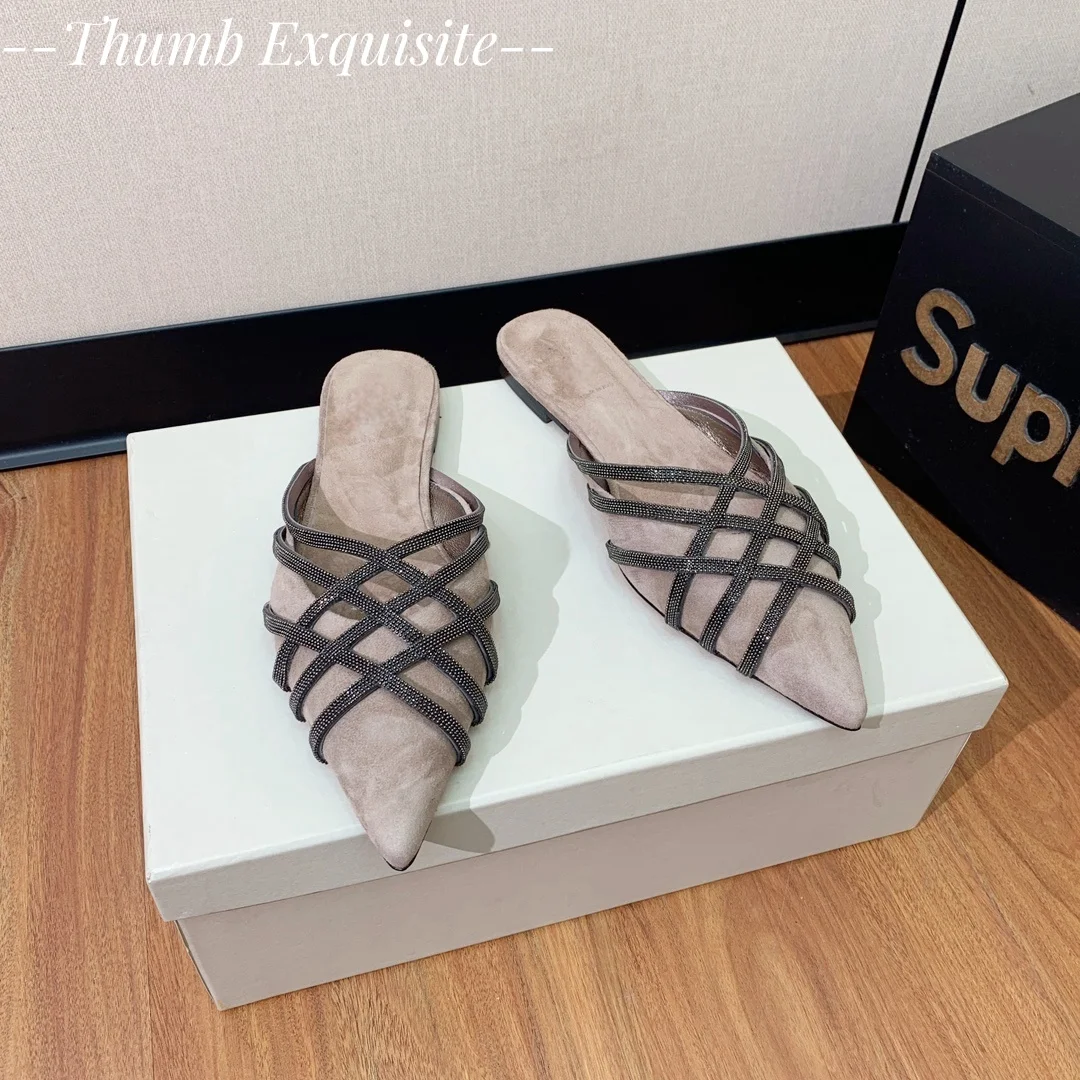 Women's flat shoes children's suede party shoes  summer chain beaded pointed slippers  casual and comfortable Mueller shoes