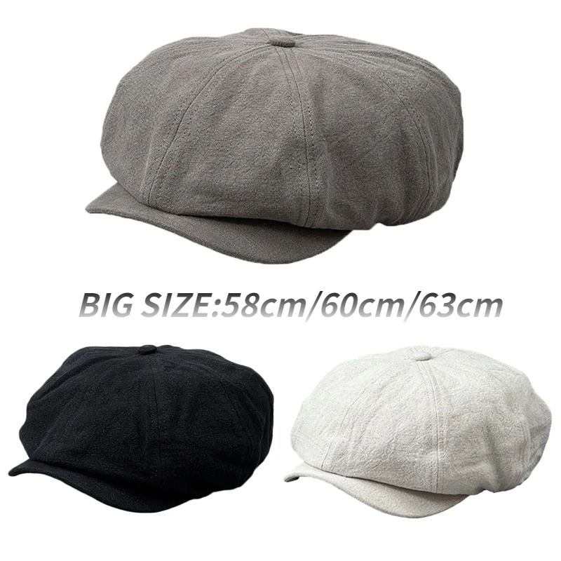 Men New Cotton Linen Big Size 63CM Newsboy Caps Spring Summer Thin Breathable Retro Berets Fashion Casual Octagonal Hats 60cm cotton newsboy cap berets hat