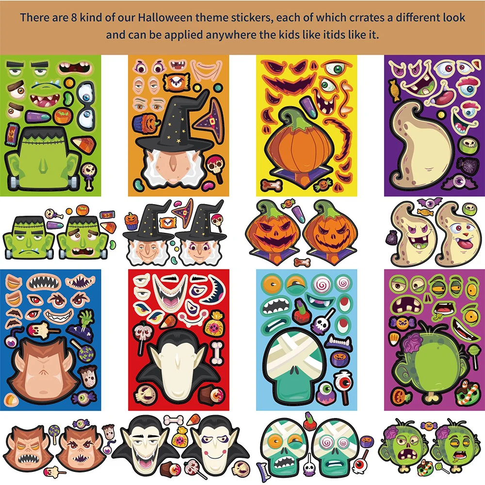 8/16Sheets Make a Face Vampire Pumpkin Witch Puzzle Stickers Kids DIY Game Make Your Own Decal Children Halloween Decoration Toy 50 pieces thank tou for your order sticker carton label small shop business commodity decoration gift wrapping sticker