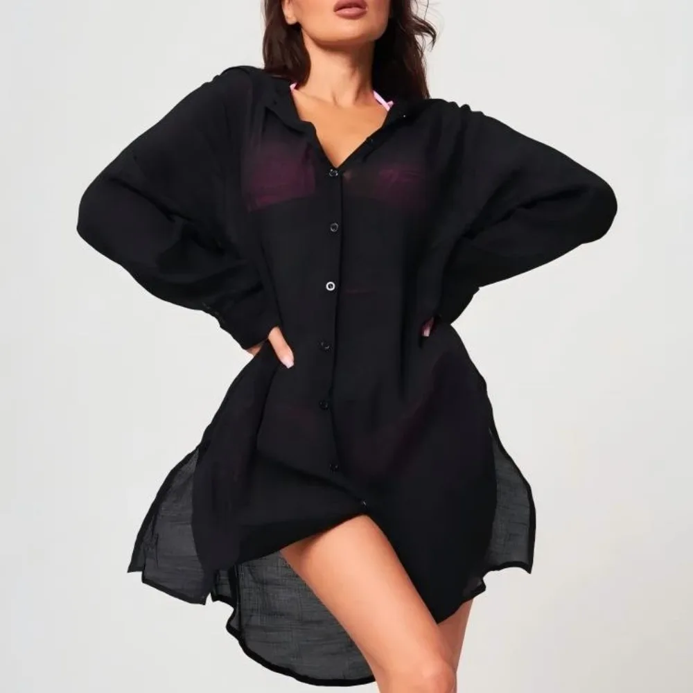 Summer Long Sleeve Button Down Tunic Dress Solid Color Oversized Beach Bikini Cover-up Shirt Dress Vacation Outfit 2
