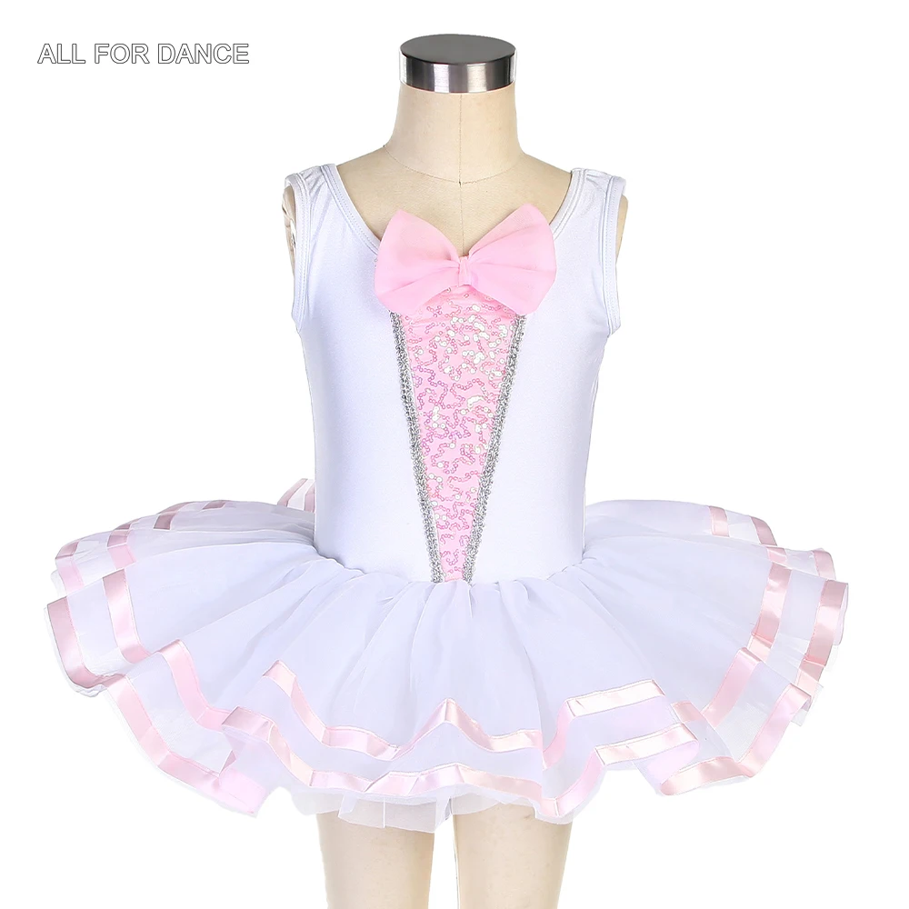 

20148 White Spandex Top With White Tulle Pink Ribbon Girls Ballet Dance Tutu Bowknot Ballet Dance Wear Dance Skirts