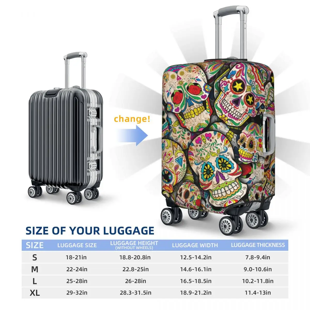 Suitcase Cover Halloween Style Luggage Accessories Protector Sugar Skull