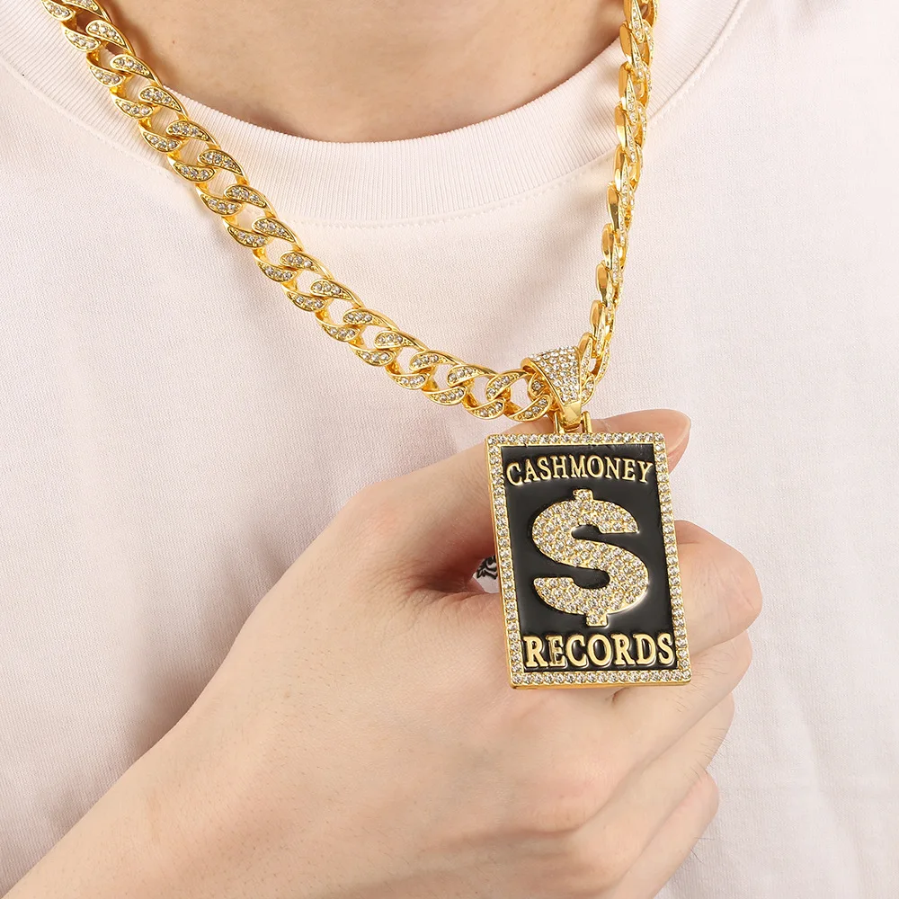 Goth Dollar Sign Cash Money Records Iced Out Pendant Necklace Cuban Chain Hip Hop Jewlery Street Rapper Boyfriend Gift 4