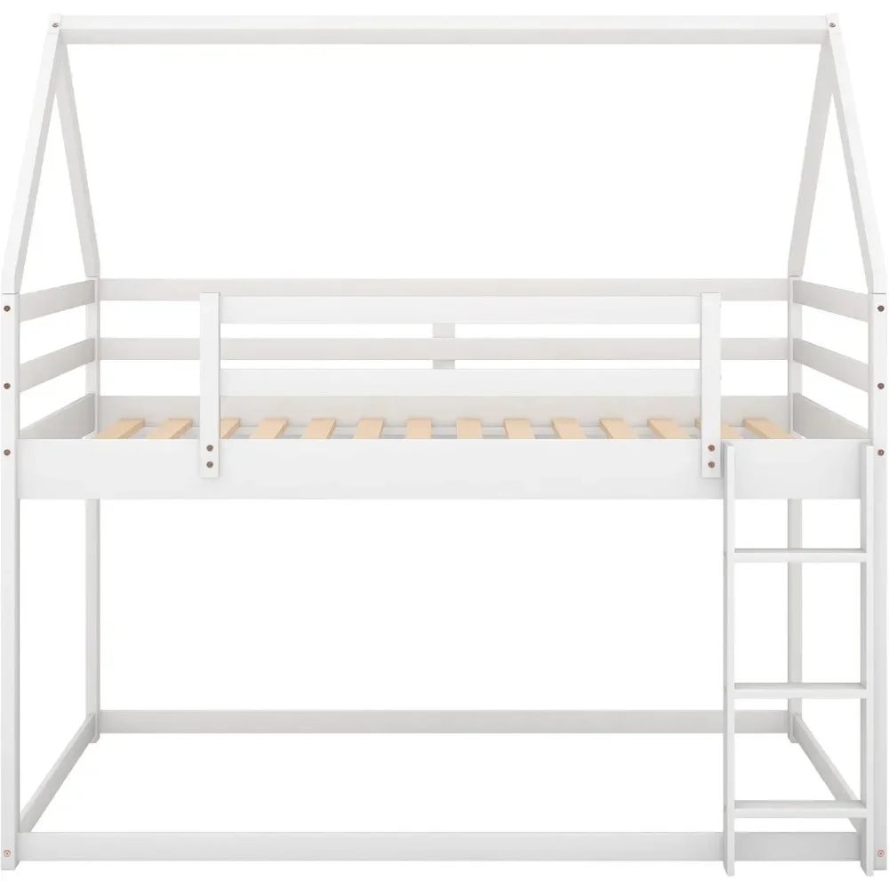 NEW-Bellemave Twin Over Twin House Bunk Bed for Kids,Floor Low Bunk Beds with Ladder and Guardrails,Solid Wood Twin Size Bunk Be