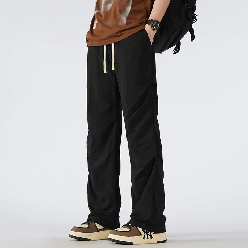 Spring Autumn Solid Color Men's Clothing High Waisted Pockets Shirring Elastic Wide Leg Sweatpants Cargo Trousers Casual Pants