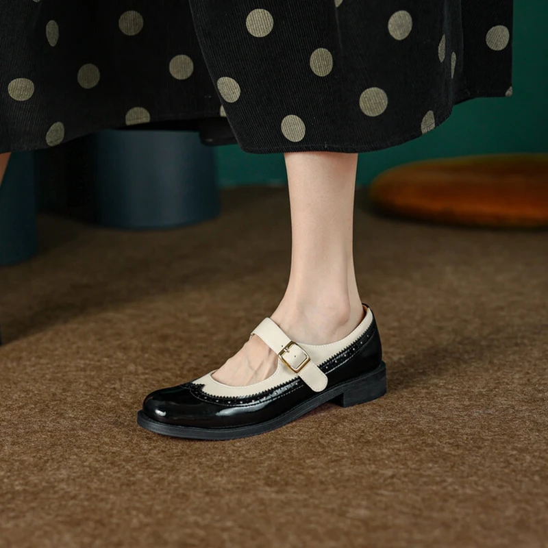 New Fall Shoes Women Round Toe Chunky Heel Mary Janes Mixed Color Women