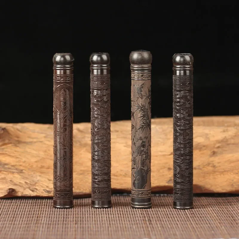 Black Sandalwood Short Style Carving Incense Tube Portable Wooden Joss Stick Box Household Indoor Incense Stick Storage Tools incense holder