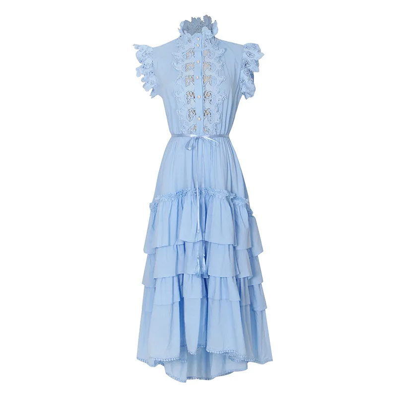 

Long Lace Guest Wedding Dresses French Fashion Blue White Black Summer Maxi Tulle Elegant Prom Patchwork Robe Dropshipping 55760