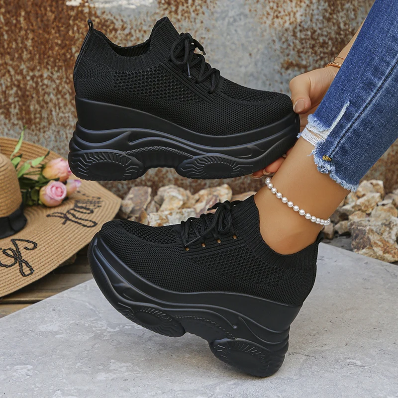 White Knitted Wedge Heels Women Spring Autumn Breathable Chunky Platform Sneakers Woman Slip On Mesh Running Shoes 42_desvips.com