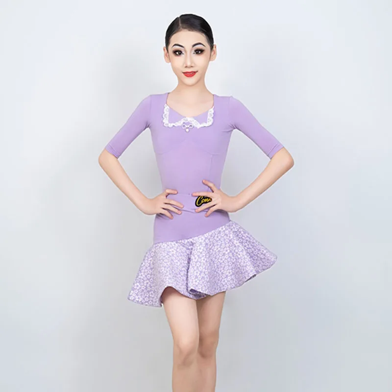 

New Girls Latin Dance Costume Children Purple Ruffles Hemline Bodysuit Skirt Outfit Samba Rumba Dancing Competition Wear YS5394