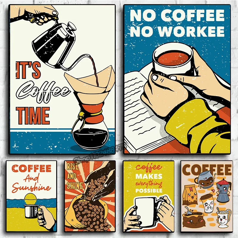 

Vintage Coffee Time Qoute Posters and Prints Wall Art Canvas Painting Kawaii Coffee Set Mural for Café Coffee Shop Home Decor