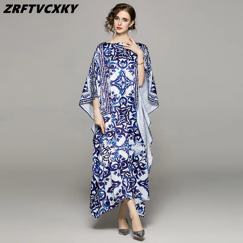 

New Runway Loose Maxi Dress Women's Spring Summer Batwing Sleeve Blue And White Porcelain Print Bohemian Long Robe Female
