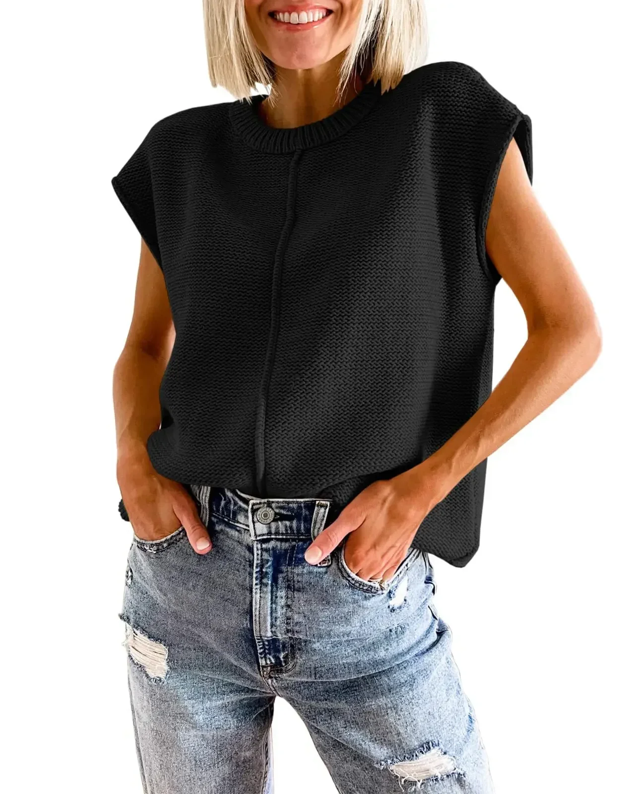 

2023 ladies summer top sleeve casual round collar loose knit sweater pullover woman white