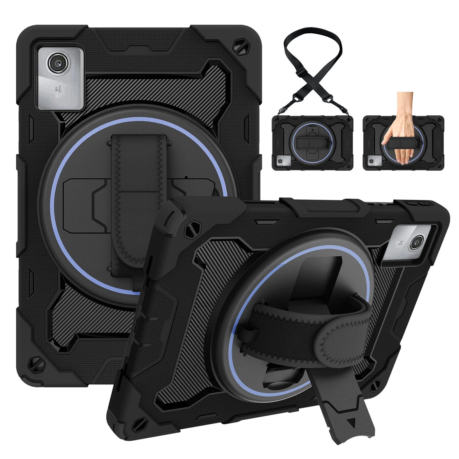Durable 11-Inch Tablet Case with 360° Rotating Stand & Strap