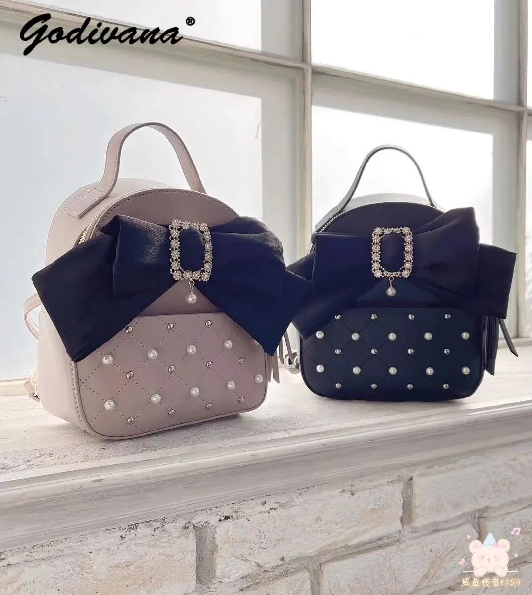 Japanese Rojita Rhinestone Bowknot Shoulder Bag Student Girls Pearl Bow Mine Mass-Produced Backpack Cute Leather Bags