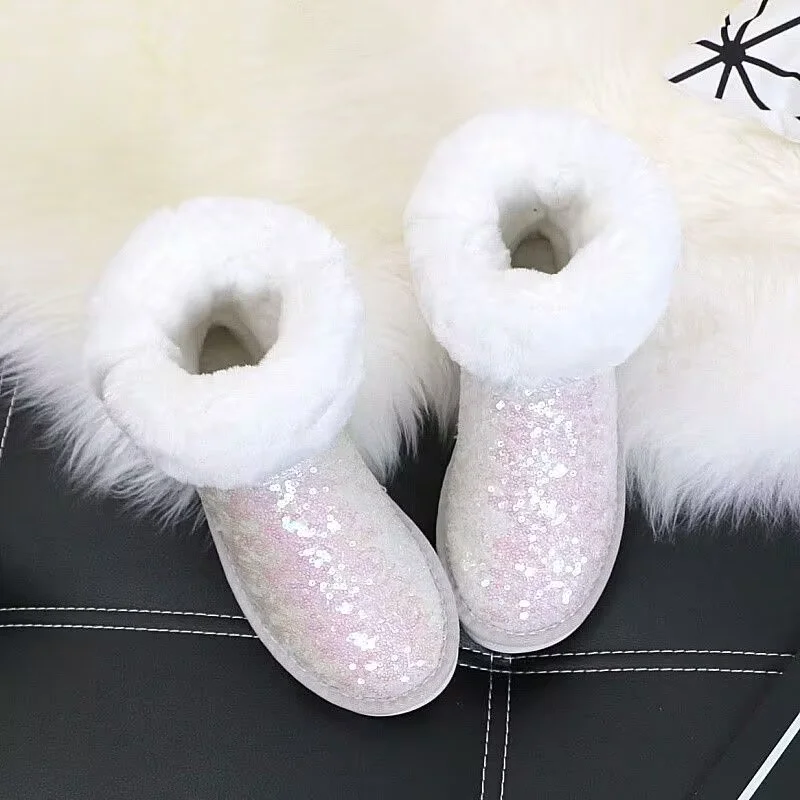 

New color-changing sequin snow boots mid-tube winter waterproof white women's boots plus fleece women's 35-44