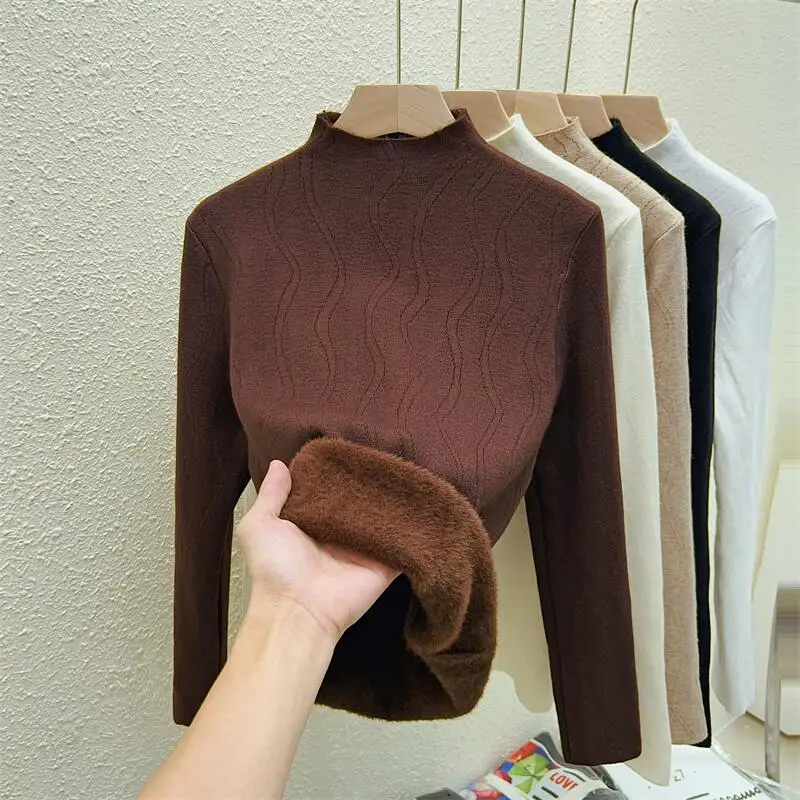 Autumn and Winter Women's New Wavy Semi-turtleneck Pullover Sweater Fashion Slim Solid Color Knitwear Integrated Fleece Top