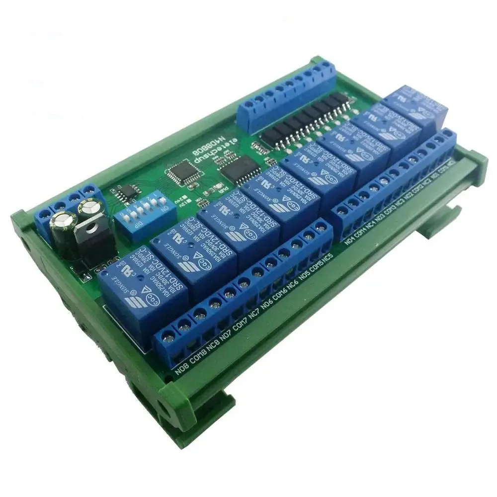 

N4D8B08 DC 12V 24V 8 Isolated Input & 8 Output DIN35 C45 Rail Box UART RS485 Relay Module Modbus RTU Control Switch Board