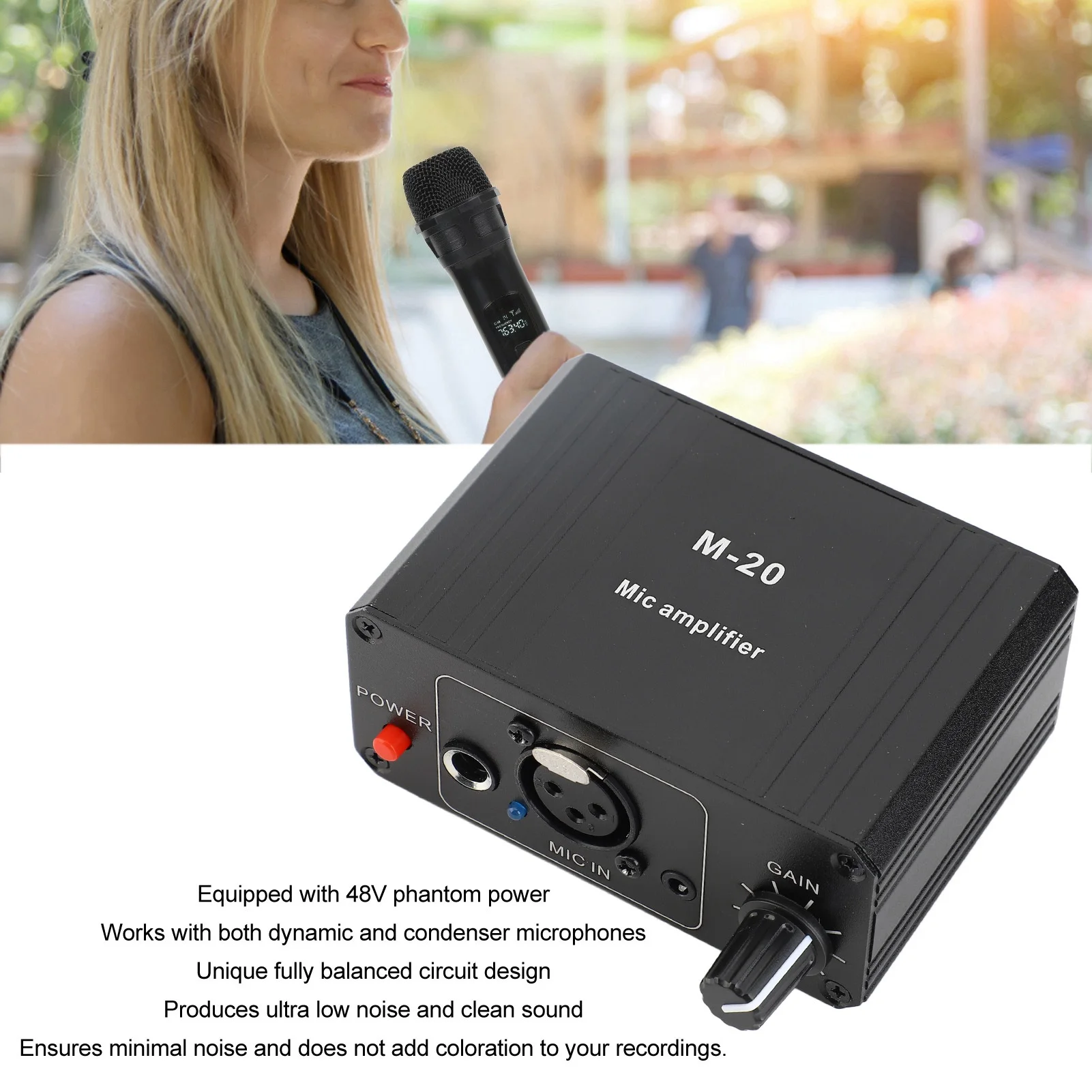 Microphone Preamp Aluminum Alloy Case XLR Output 48V Phantom Power Compact High Gain Microphone Booster for Condenser Microphone