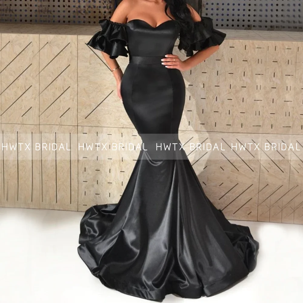 Black Sexy Mermaid Evening Dress Ruffles Satin Off Shoulder Streamer ...