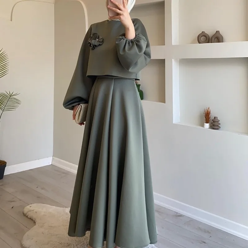 2024 New Islam Abaya Dress Flower Lantern Sleeves Loose Women's Dress Muslim Sets Two Piece Set for Middle East Dubai