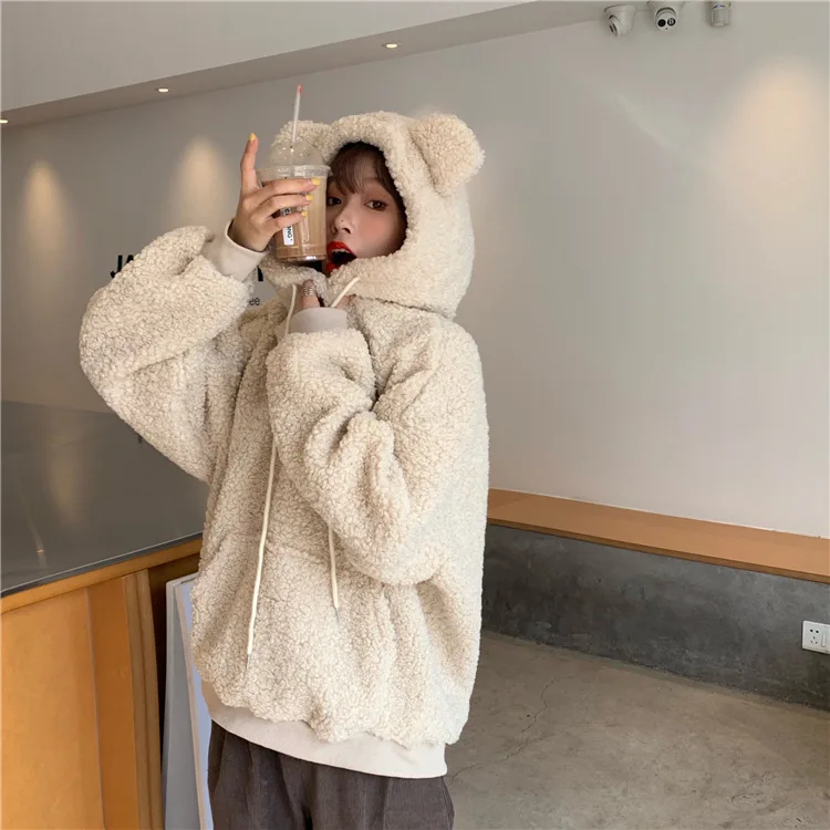 

2023 New Hoodie Women Design Imitation Lamb Velvet Cute Bear Ears Hooded Autumn And Winter Loose Long-Sleeved Hoodie 064