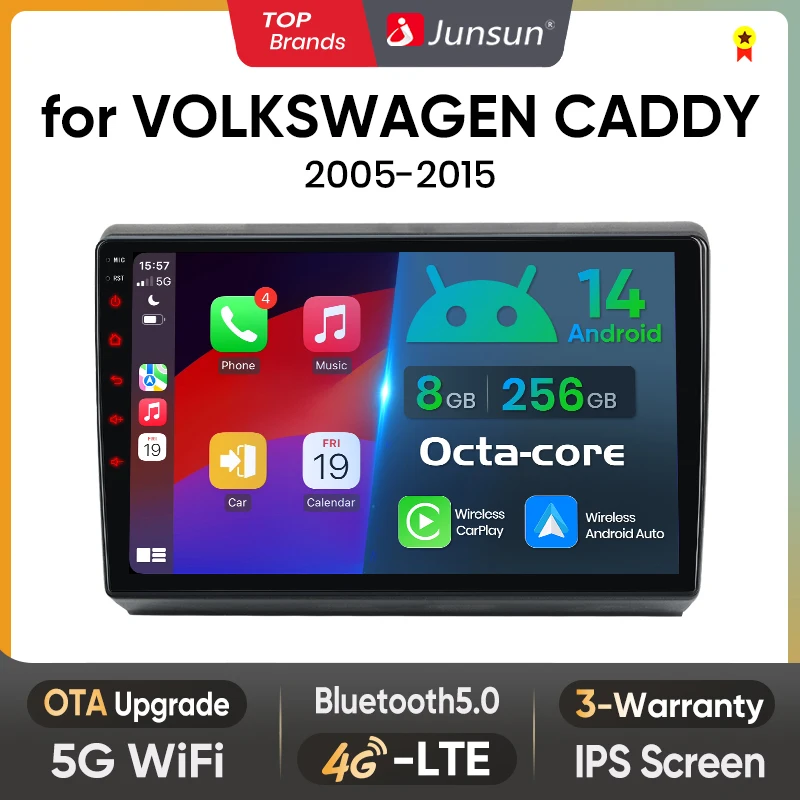 Junsun AI Wireless CarPlay für Apple Android Auto Autoradio für VW Volkswagen Caddy 2005 2006 2007–2015 Multimedia Navi Stereo