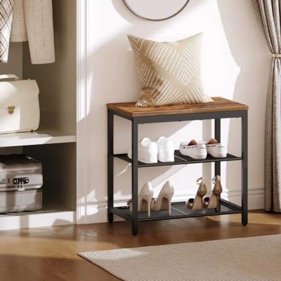 Shoe Bench 3Tier Shoe Rack Industrial Shoe Organizer Storage Bench 19.7 inches Entry Bench with Mesh Shelves for Entryway Livin
