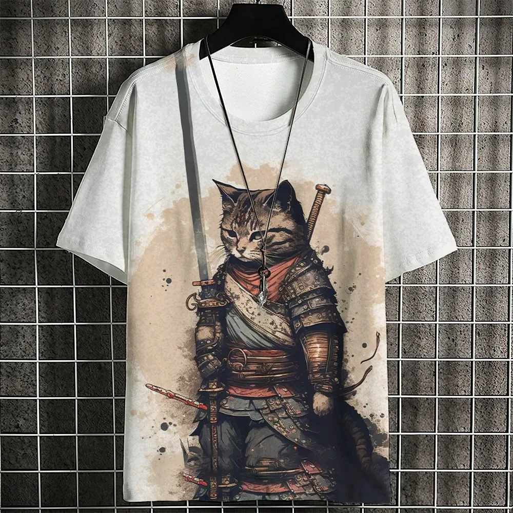 thumbnail image 1 of Camiseta de hombre con diseño de gato samurái japonés, camiseta de verano de moda de manga corta con estampado 3D de dibujos animados, camiseta de anime para hombre, camisetas para hombre, 1 of 5