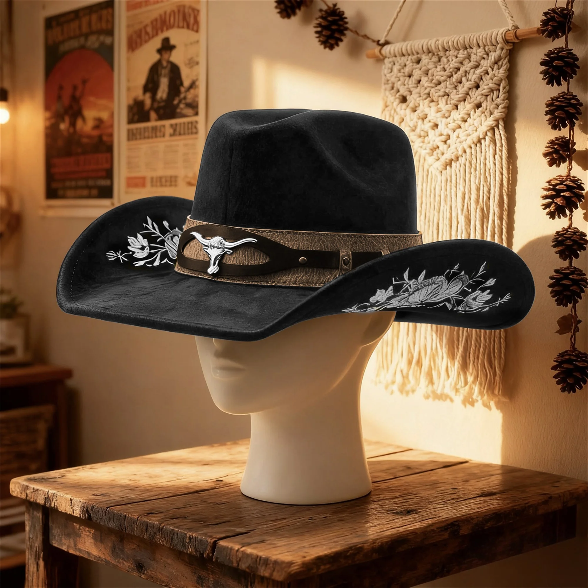 Vintage Leather Cowboy Hat with Concho Band and Feather Detail for Women Men Wide Brim Western Cap for Rodeo and Music Festival