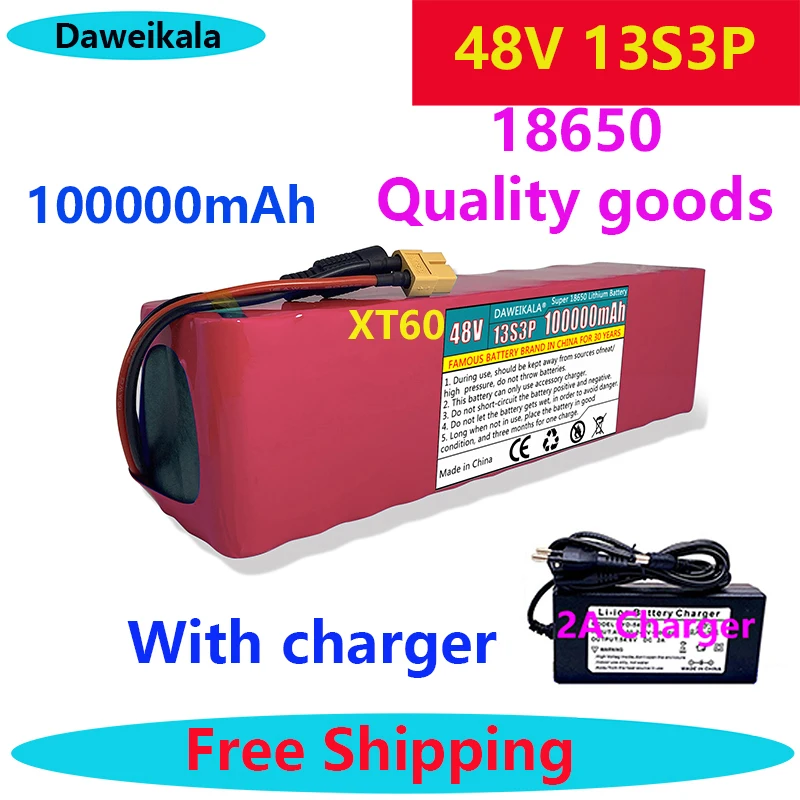 

New 48V 100Ah 1000w 13S3P XT60 48V Lithium-ion Battery Pack 100000mah for 54.6v E-bike Electric Bicycle Scooter with BMS+charger