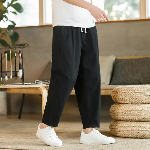 Men's Trousers Cotton Linen Fashion Casual Pants Solid Color Breathable Loose Shorts Straight Drawstring Pants Streetwear Men - Image 5