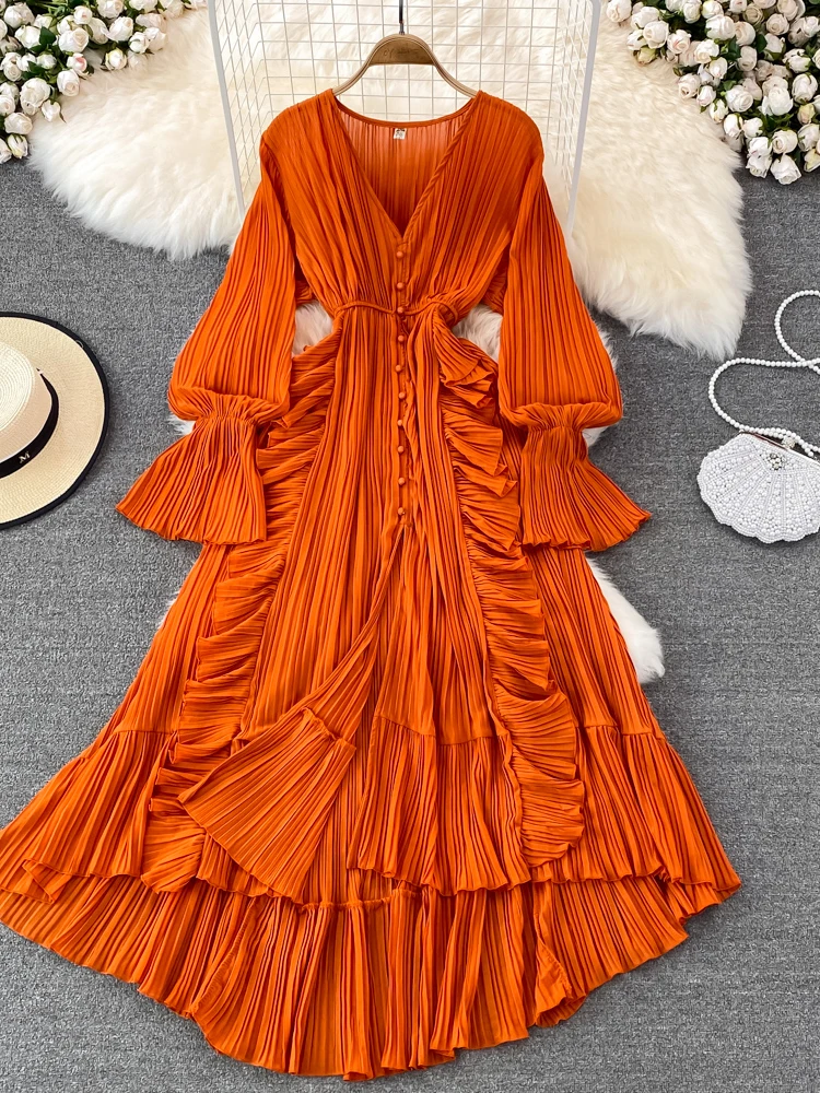 Autumn Women Ruffle Pleated Long Dress Beach Draped Vestidos Female Sexy  V-Neck Flare Sleeve High Waist Vacation Maxi Robe New