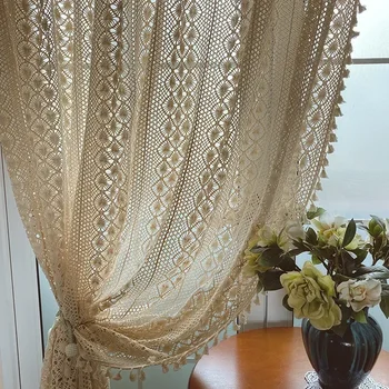 Tende Boho per soggiorno Tende vintage fatte a mano all'uncinetto per fattoria scavate in maglia con asta di pizzo, tende filtranti per camera da letto 1