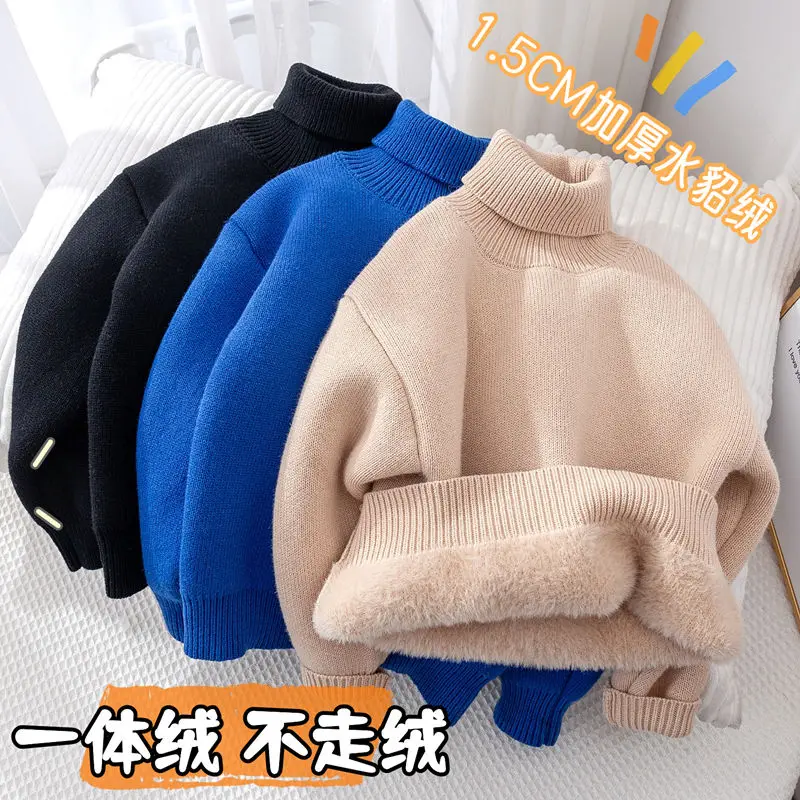 Children's Bottoming Shirt Autumn and Winter Single-Layer Fleece-Lined Thick Sweater Turtleneck Pullover Thermal Clothes kids sweater
