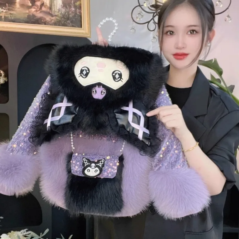 

Новинка, милая осенне-зимняя одежда для девочек Sanrio Kuromi, мультяшная цветная Толстая бархатная одежда с капюшоном, рождественские подарки