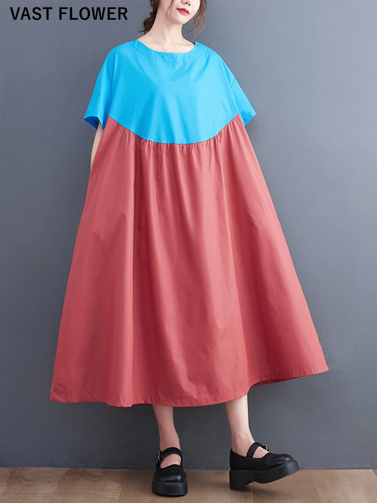 

Patchwork Contrast Color Vintage Dresses For Women New Short Sleeve Loose Casual Midi Summer Dress Fashion Elegant Clothing 2022